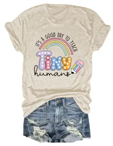 T-shirt à manches courtes et col rond pour femme avec imprimé graphique enseignant décontracté.