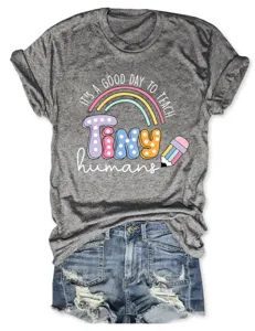 T-shirt à manches courtes gris chiné décontracté pour femme avec imprimé enseignant.