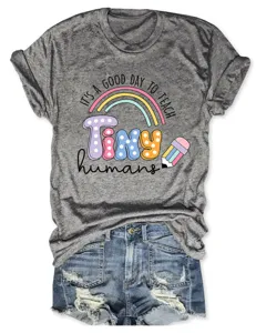 T-shirt à manches courtes gris pour femme avec bel imprimé graphique enseignant décontracté.