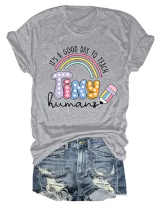 T-shirt gris femme manches courtes motif enseignant haut decontracté col rond mode
