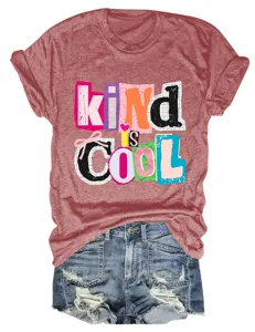 Damen Rundhals Kurzarm T-Shirt stilvolles Freizeit-Oberteil mit kind is cool Motiv.