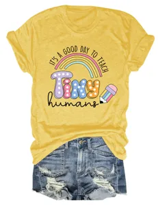 T-shirt femme décontracté col rond manches courtes jaune avec imprimé graphique professeur.