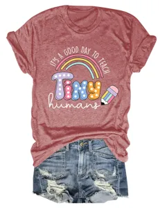 T-shirt décontracté à manches courtes et col rond pour femme avec imprimé enseignant.