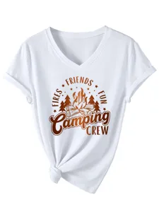 Camiseta casual de mujer con cuello en V y manga corta con estampado de camping y nudo.