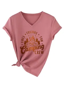 Mujer Cuello V Manga Corta Camiseta Casual Camping Grafico Top Dobladillo Anudado Rosa