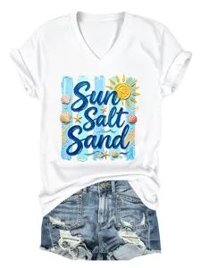Mujer camiseta blanca cuello V manga corta con estampado gráfico playa de verano top casual