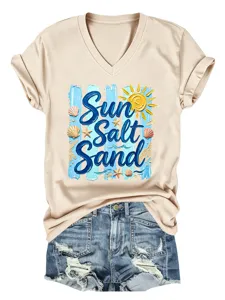 Camiseta casual de verano con cuello en V y manga corta con lindo estampado de playa.