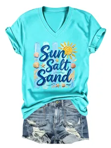 Mujer Verano Playa Estampado Cuello V Manga Corta Camiseta Casual Vista Detalle