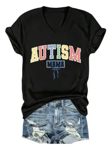 Dames casual V-hals korte mouw T-shirt Autism Mama brief print zomer top en outfit