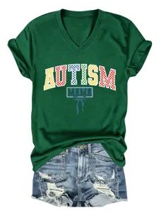 Dames casual V-hals korte mouw T-shirt met Autism Mama grafische print voor dagelijks