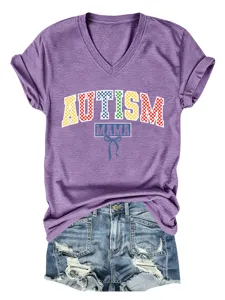 Dames V-Hals Korte Mouw Casual T-Shirt met Autism Mama Print en Denim Shorts Outfit
