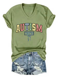 Casual dames olijfgroene V-hals korte mouw t-shirt met schattige grafische print voor dagelijks.