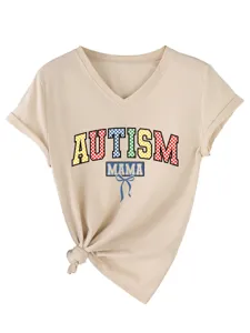 Vrouwen casual V-hals korte mouw t-shirt met knoop voor autism mama grafische print top