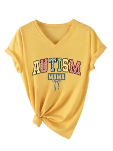 Dames V-Hals Korte Mouw Casual T-Shirt Autism Mama Print Gele Zomer Tee Top
