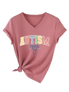 Dames V-hals korte mouw T-shirt casual knoop zoomtop met Autism Mama grafische print
