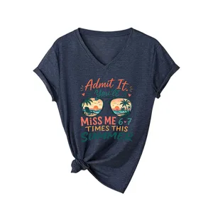 Maglietta casual da donna con scollo a V e maniche corte con stampa spiaggia estiva.