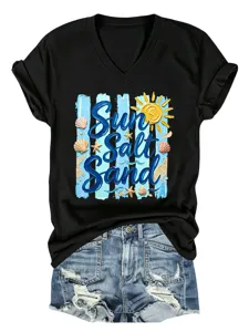 Camiseta negra casual de cuello en V y manga corta con gráfico de playa de verano para mujer