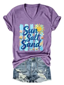 Camiseta informal de manga corta con cuello en V para mujer con gráfico de playa y shorts de jean.