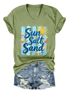 Mujer camiseta casual cuello V manga corta con estampado gráfico de playa de verano shorts.