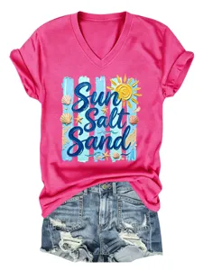 Camiseta de mujer rosa con cuello V y manga corta con estampado grafico de playa casual top.