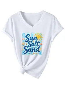 Camiseta casual de mujer con cuello V y manga corta con gráfico de playa de verano.