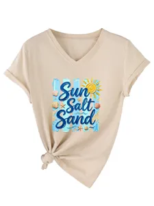 Camiseta informal de mujer con cuello en V y manga corta, gráfico de playa y nudo elegante.