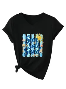 Camiseta casual de manga corta con cuello en V para mujer con gráfico de playa y nudo.