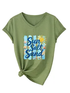 Camiseta de mujer con cuello en V y manga corta con estampado gráfico de playa y nudo bajo.