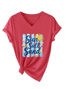 Mujer camiseta roja cuello V manga corta con estampado gráfico verano playa top casual