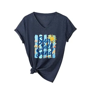 Mujer camiseta manga corta cuello V casual azul marino verano playa grafico top ropa