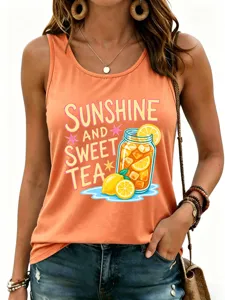 Canotta donna estiva smanicata arancione casual con simpatica stampa grafica limone sunshine.