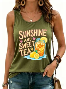 Canotta da donna verde oliva casual con simpatica stampa grafica di tè al limone estiva.