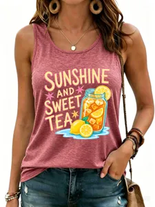 Casual Canotta Donna Estate Stampa Grafica Senza Maniche Motivo Limone Lettera Top