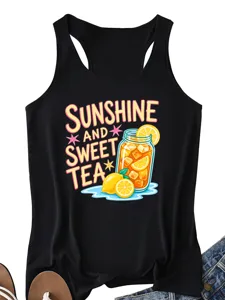 Canotta estiva nera casual da donna con stampa grafica di tè freddo al limone e vestibilità.