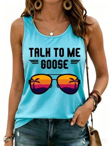Blauwe dames zomer tanktop casual mouwloos shirt met cool zonnebril print ontwerp.