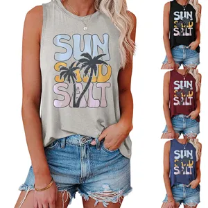 Women Casual Loose Sleeveless Tank Top Summer Beach Palm Tree Letter Print Vest Top