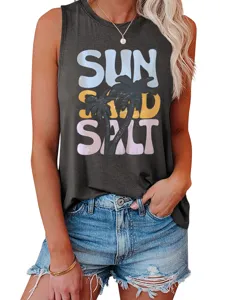 Casual women's sleeveless tank top with sun sand salt letter print and chic palm tree graphics.