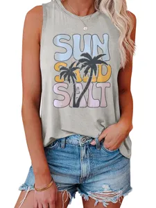 Detailed view of the women casual sleeveless tank top with summer graphic print design.