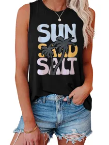 Casual fashion women loose sleeveless tank top with sun sand salt graphic print, ideal summer wear.