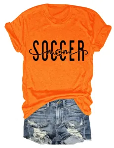 Femme decontractee col rond manches courtes orange maman foot t-shirt short jean