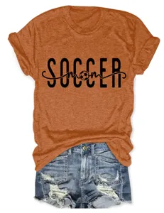 T-shirt femme orange a manches courtes imprime graphique maman de foot top ete decontracte
