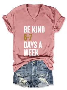 Casual women short sleeve v-neck t-shirt paired with denim shorts, featuring letter print design.