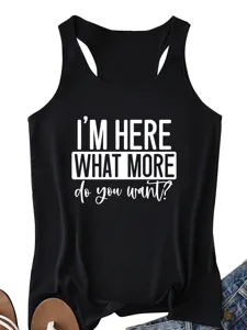 Close-up detail of women's black tank top with white graphic quote print, stylish casual summer wear.