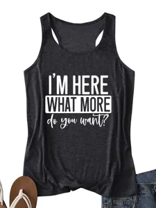 Close-up detail of dark grey women casual racerback tank top with white slogan print.