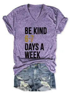 Detail shot of casual purple V-neck short sleeve t-shirt with inspiring letter print.