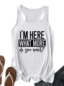 Detail view of white women racerback tank top with funny letter print for casual summer daily wear.