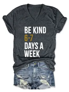 Dark grey v-neck short sleeve t-shirt with printed motivational quote for women casual daily wear.