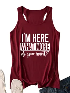 Close-up detail of casual women burgundy tank top featuring white slogan graphic print.