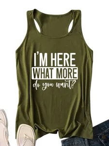 Women olive green racerback tank top casual summer basic sleeveless letter print shirt