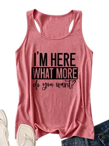 Women casual letter print racerback tank top, stylish summer sleeveless pink shirt.